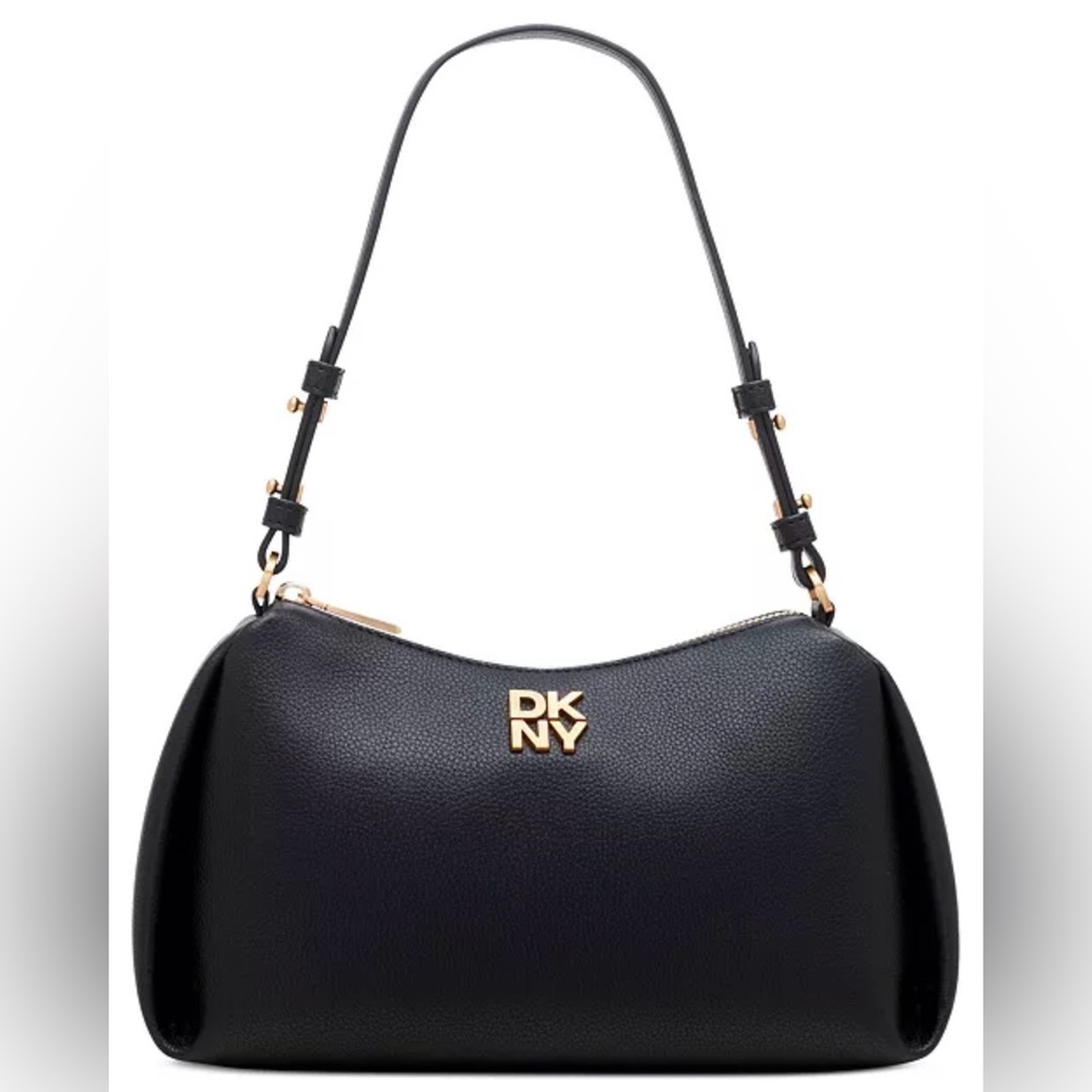 DKNY Black Pebbled Leather Hobo Shoulder Bag with Gold Logo